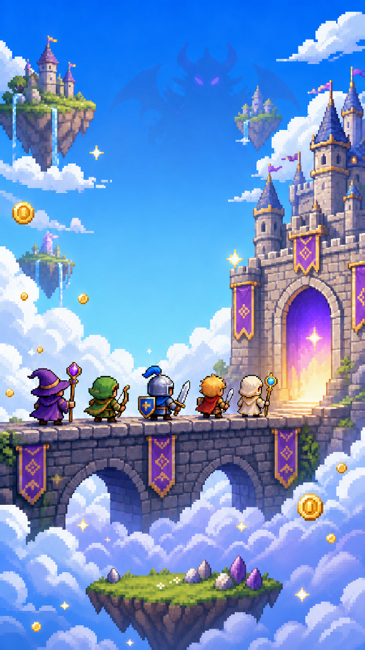 Tiny Heroes Tap sky castle loading artwork